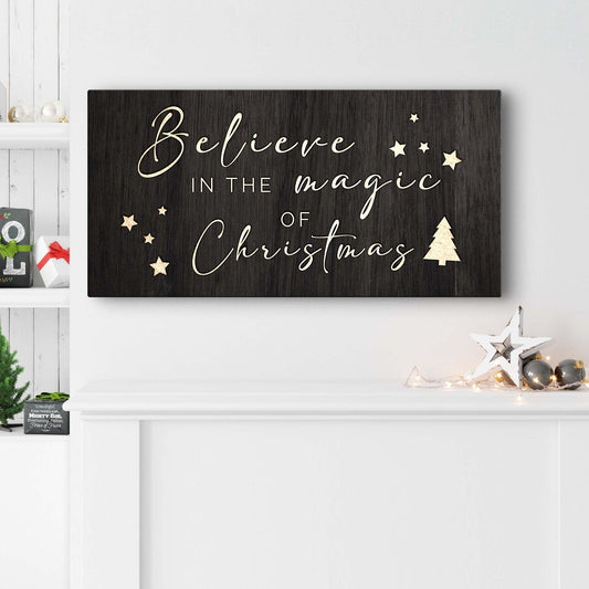 Believe In The Magic Of Christmas Sign II canvas with wood finish and gold script on Tampa Home & Garden Store