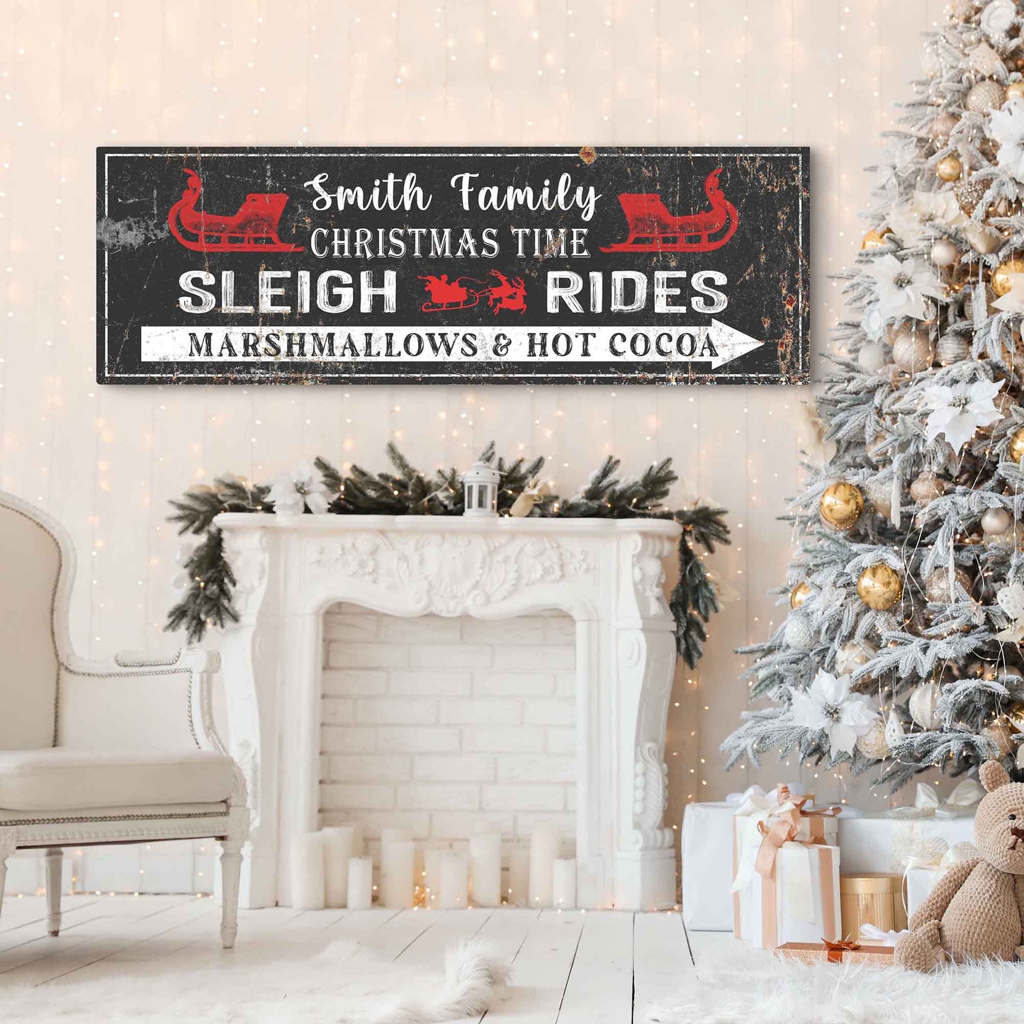Canvas Christmas Sleigh Rides Sign Tailored Canvases; black sign with red sleigh icons on Tampa Home & Garden Store