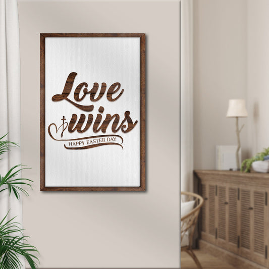 Canvas Easter Love Wins sign by Tailored Canvases with brown wood frame on white canvas on Tampa Home & Garden Store