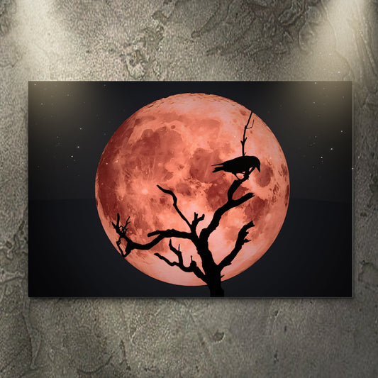 Crow and Blood Moon canvas wall art by Tailored Canvases, red moon with black bare tree branches on Tampa Home & Garden Store
