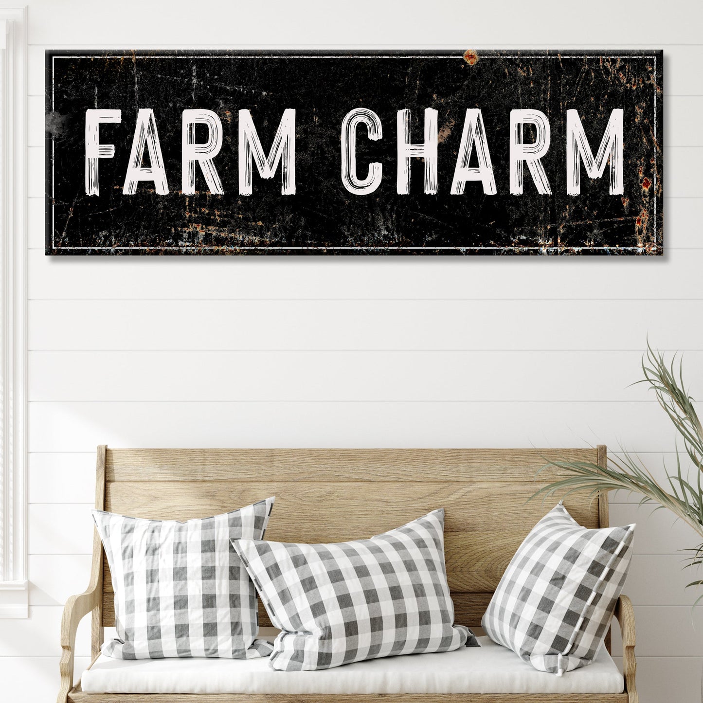 Farm Charm Sign canvas by Tailored Canvases, distressed black background with white lettering on Tampa Home & Garden Store