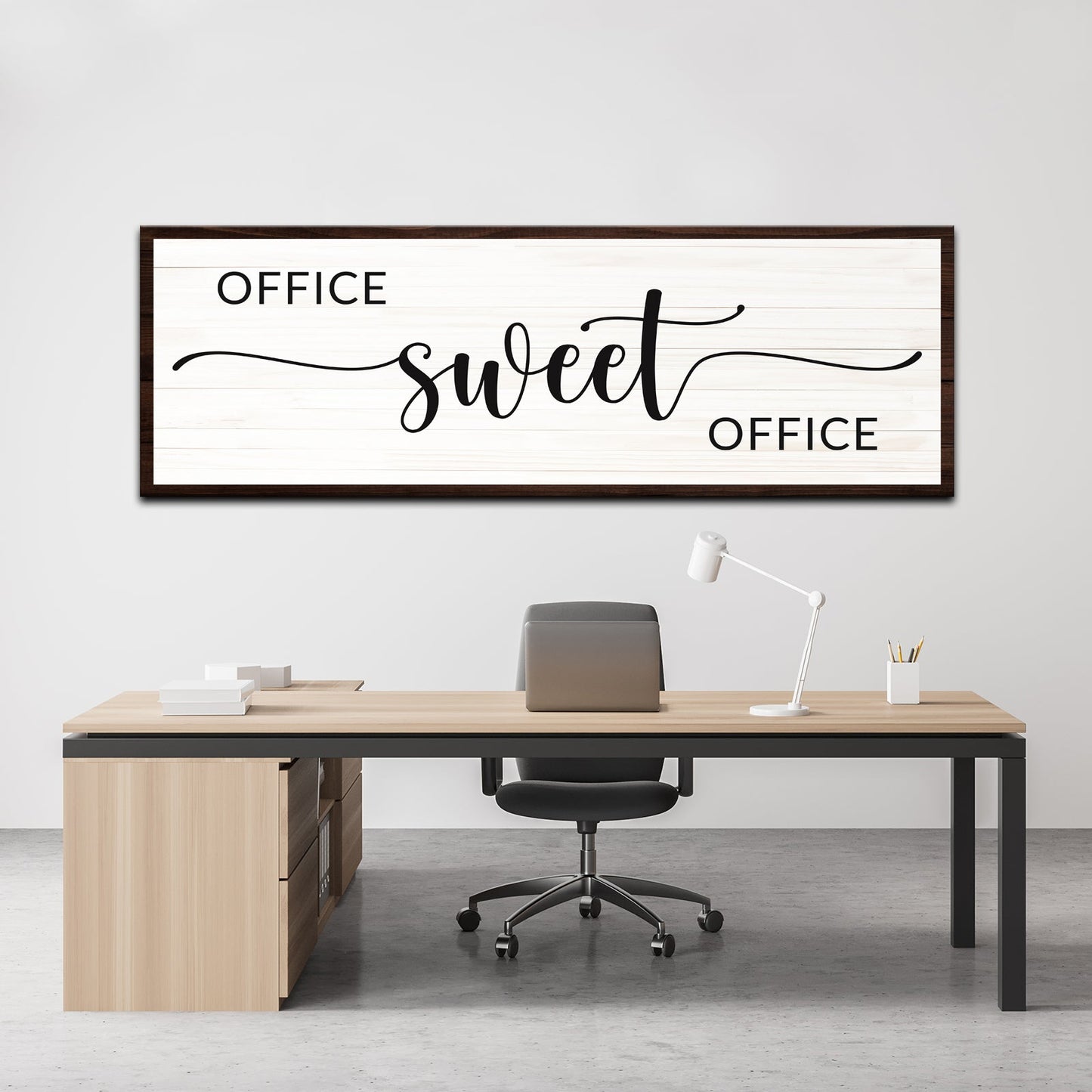 Office Sweet Office canvas sign wall art with whitewashed planks and dark wood frame on Tampa Home & Garden Store