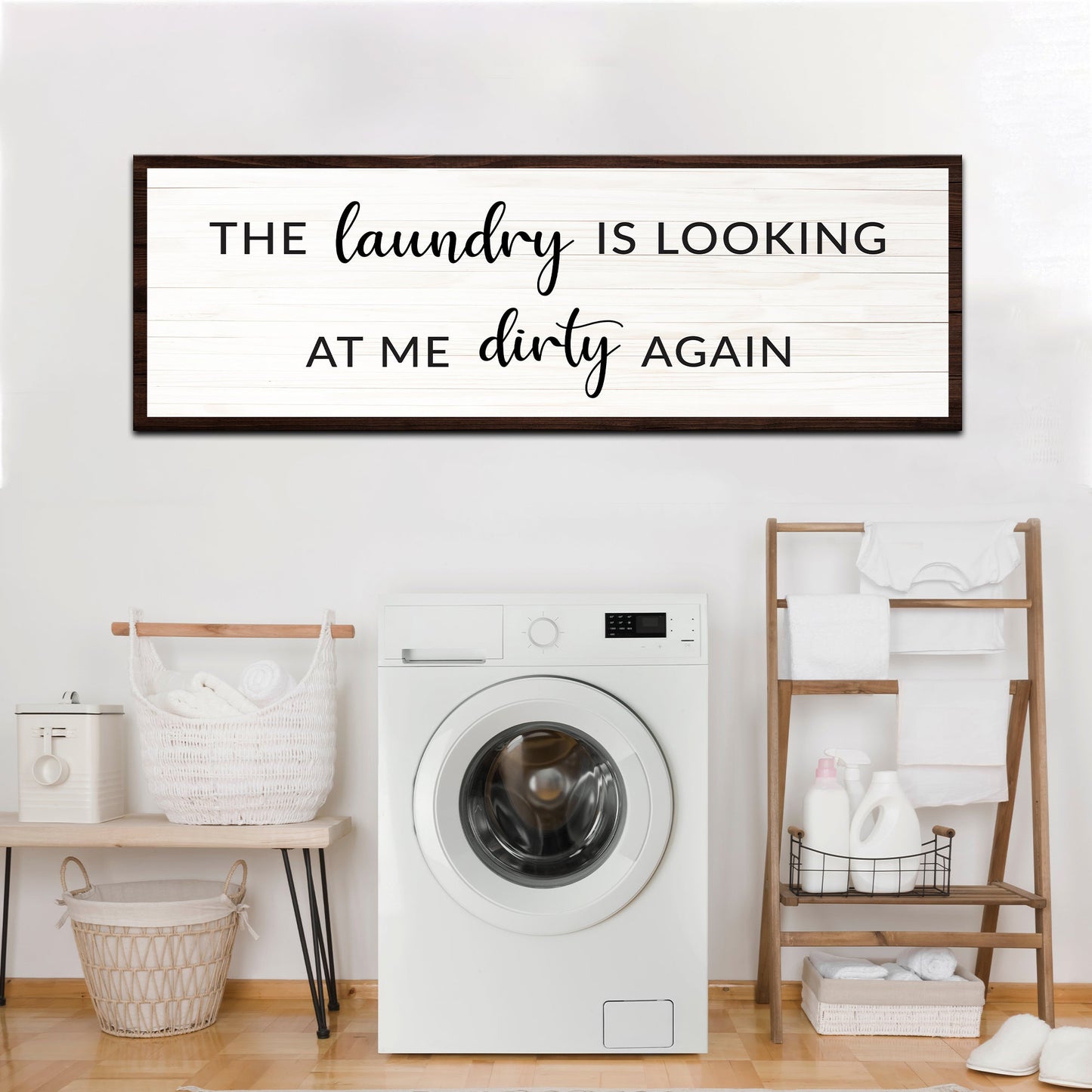 Dirty Laundry Sign III canvas with whitewashed planks and dark wood frame Tailored Canvases on Tampa Home & Garden Store