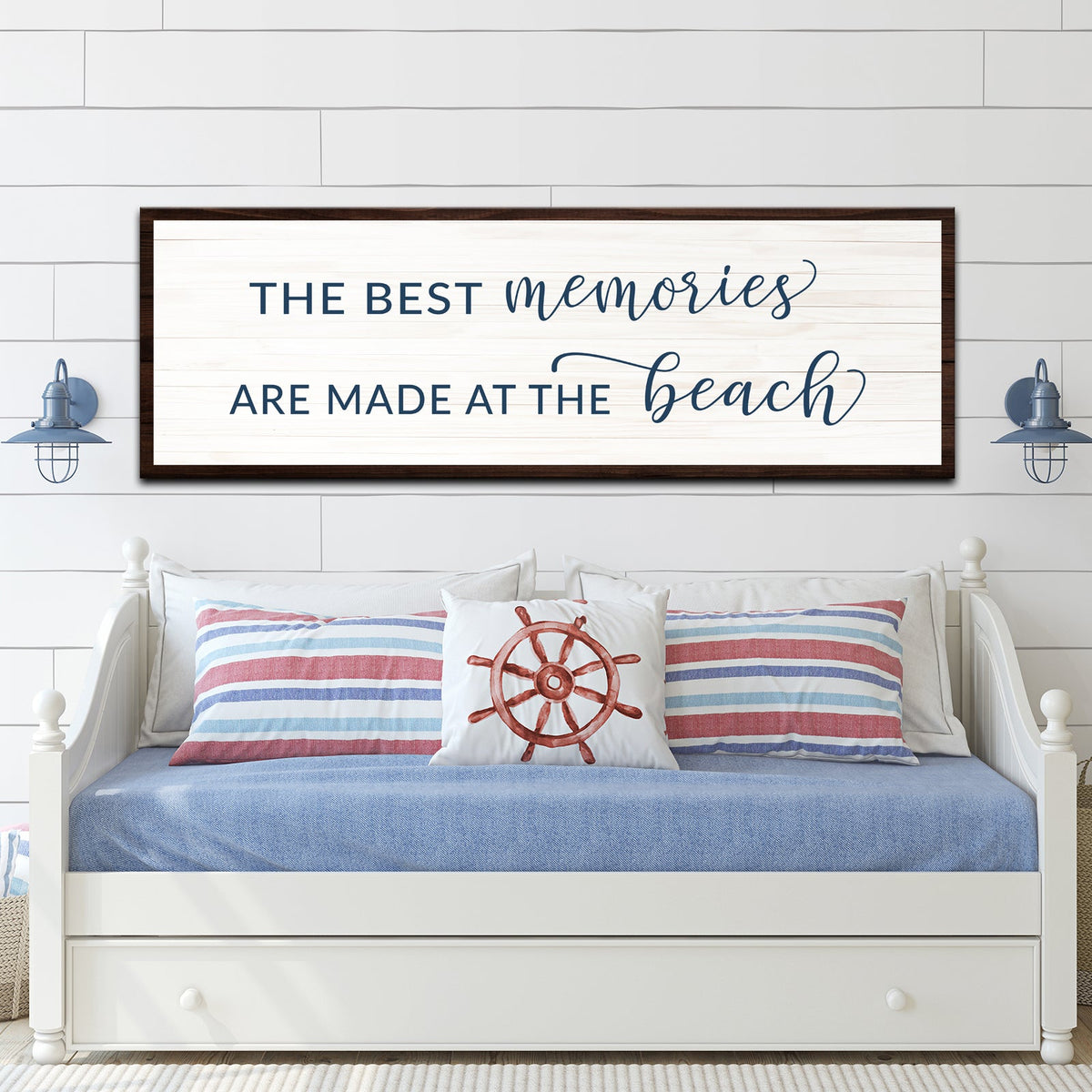 Best Memories at the Beach sign canvas with whitewashed wood backdrop and navy script on Tampa Home & Garden Store
