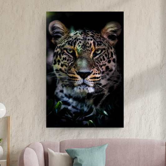 Sneaky Jungle Leopard Portrait Canvas Wall Art close-up of leopard face with green eyes on dark background on Tampa Home & Garden Store