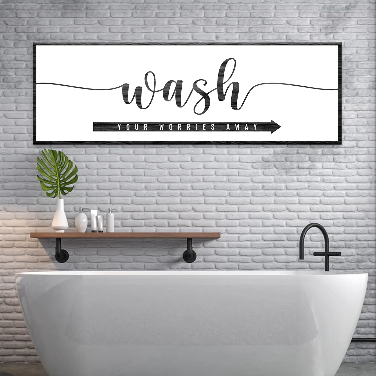 Canvas sign Wash Your Worries Away by Tailored Canvases, white canvas with black script on Tampa Home & Garden Store
