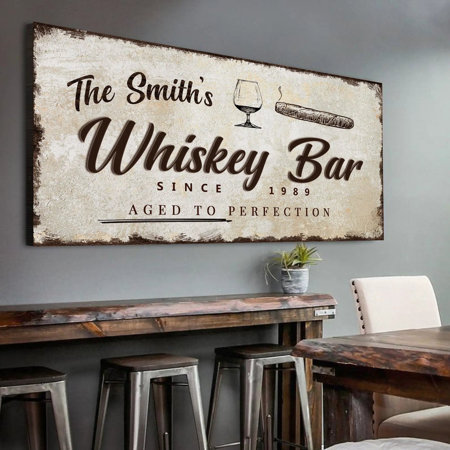 Whiskey Bar Sign canvas by Tailored Canvases, rustic vintage wall art with whiskey glass graphic on Tampa Home & Garden Store