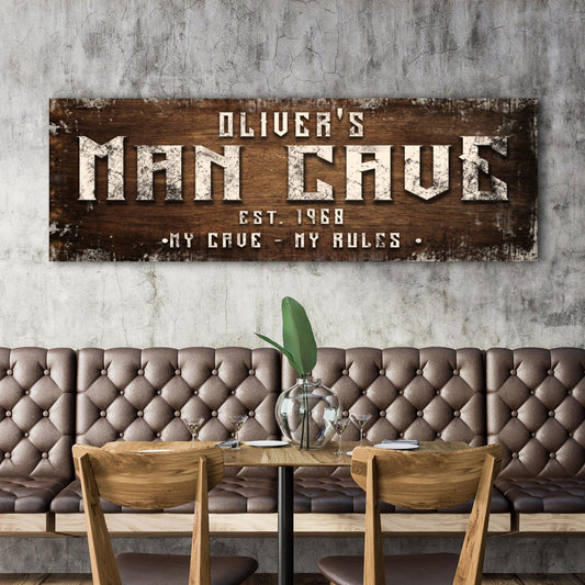 Canvas sign Man Cave My Cave My Rules on rustic wood with white lettering Tailored Canvases on Tampa Home & Garden Store