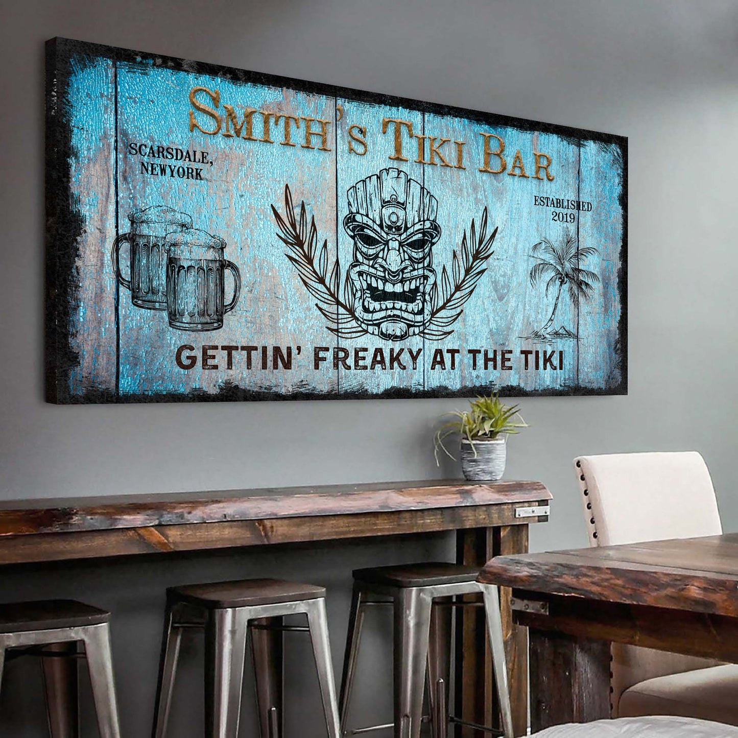 Canvas Tiki Bar Sign II Tailored Canvases crafting canvas with blue weathered wood and tiki mask on Tampa Home & Garden Store
