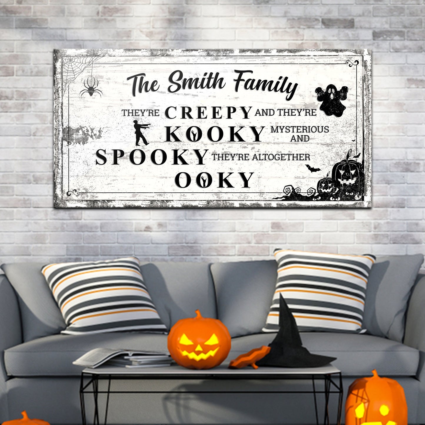 Family Halloween Sign canvas by Tailored Canvases, white rustic with spider and pumpkins on Tampa Home & Garden Store