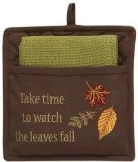 Autumn themed potholder and dishcloth set, brown pocketed potholder with green dishcloth on Tampa Home & Garden Store