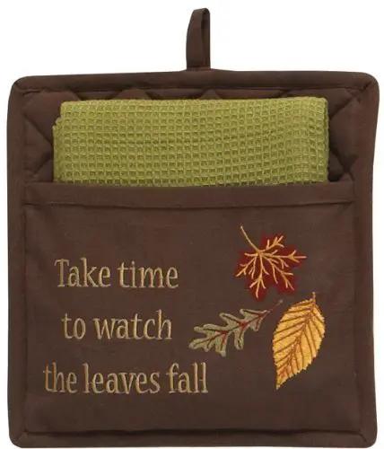 Autumn Potholder and Dishcloth brown pot holder with leaf embroidery dishcloth 2-piece on Tampa Home & Garden Store