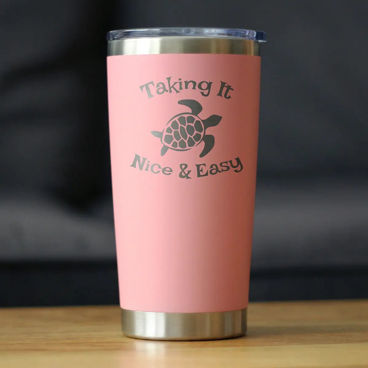 Taking It Nice and Easy 20 oz pink tumbler with turtle graphic and silver lid and base on Tampa Home & Garden Store