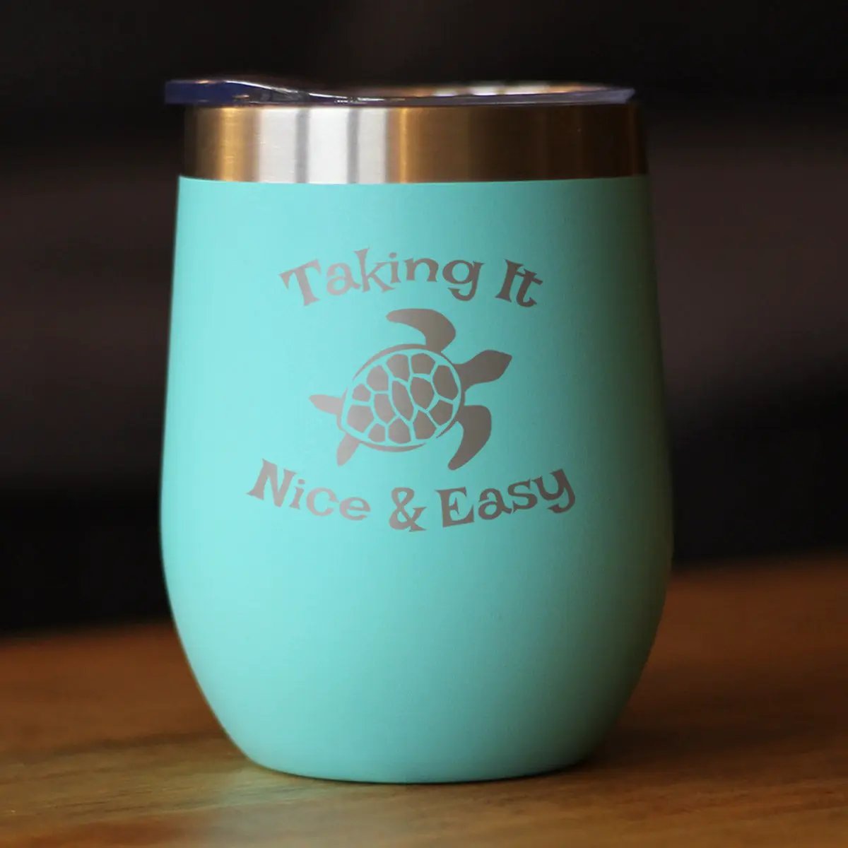Taking It Nice and Easy 12oz teal wine tumbler with turtle design by bevvee on Tampa Home & Garden Store