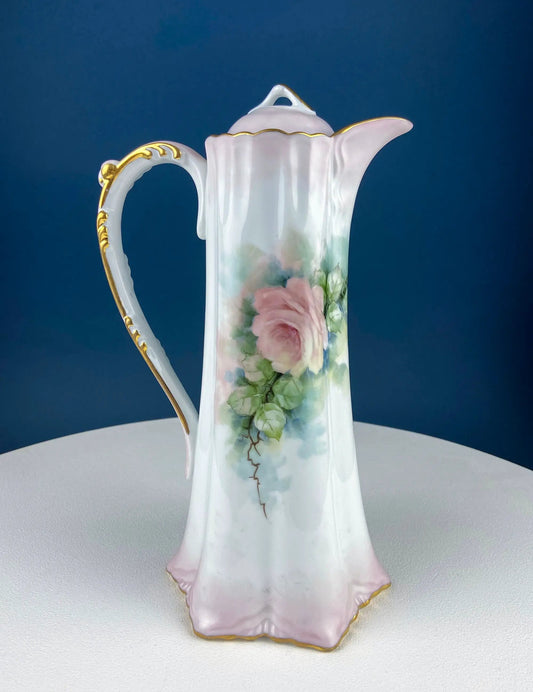 Antique hand-painted chocolate pot with peach roses on white porcelain with gold trim on Tampa Home & Garden Store
