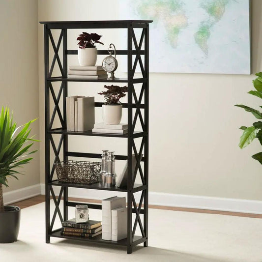 Tall 5-tier black metal bookcase with X-brace sides, HomePacific brand on Tampa Home & Garden Store