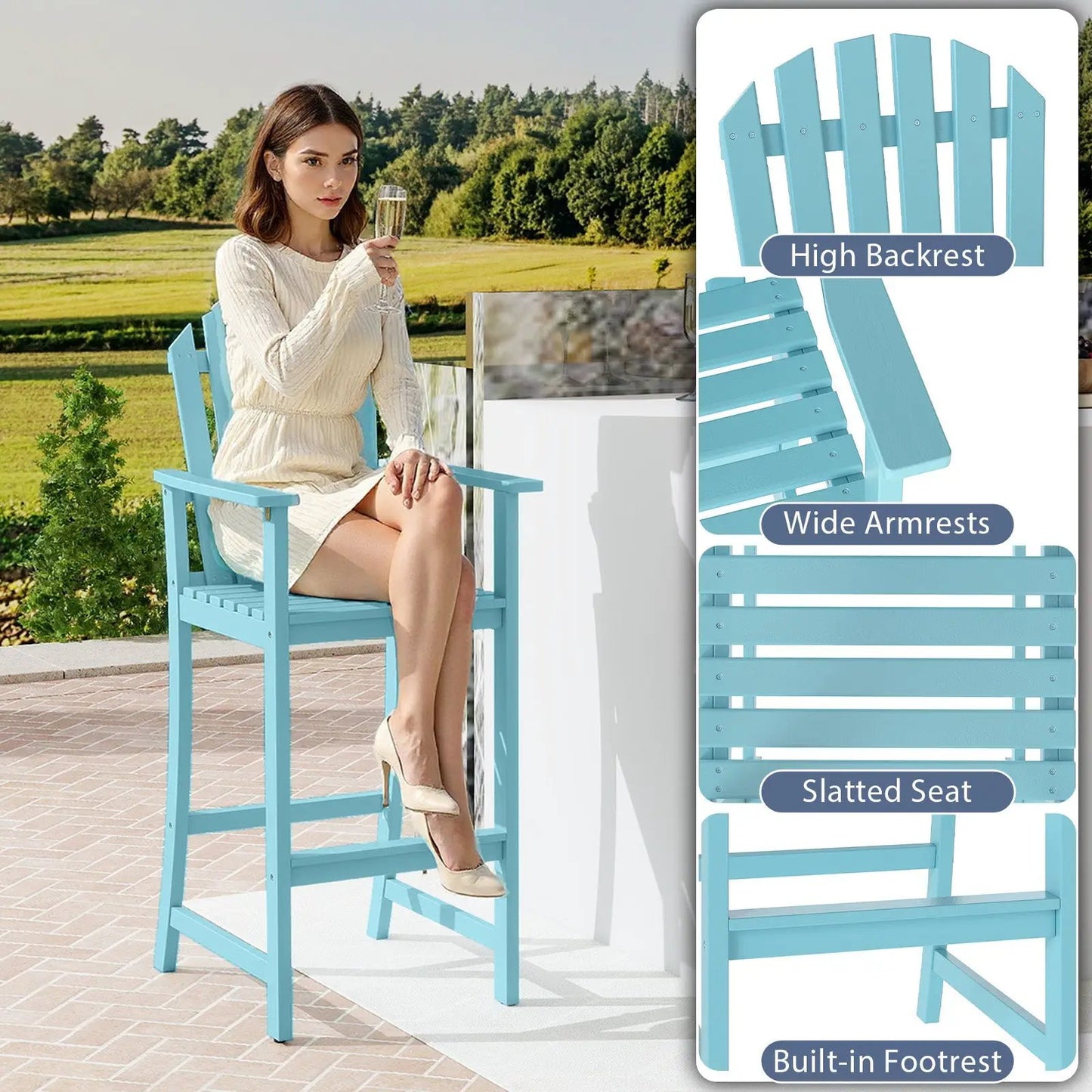 Tall Adirondack Chair with Built-In Footrest in light blue for deck with wide armrests on Tampa Home & Garden Store