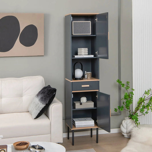 Free-Standing Narrow Linen Bathroom Cabinet Gray with wood trim and open doors on Tampa Home & Garden Store
