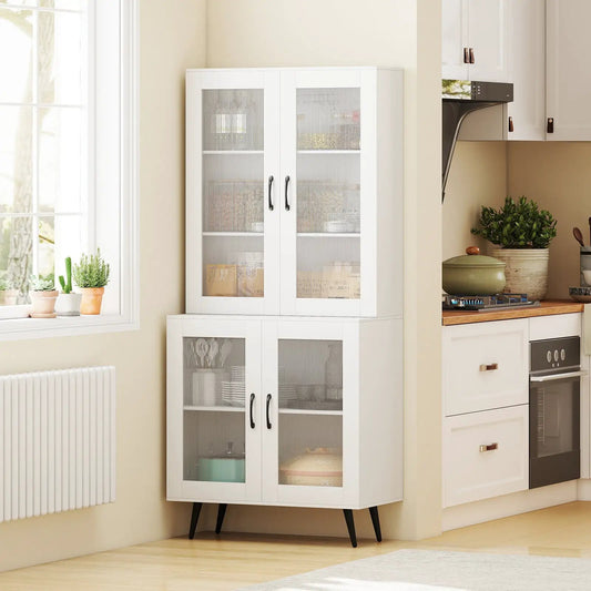 Tall white kitchen pantry cabinet with ribbed glass doors and black handles on tapered legs on Tampa Home & Garden Store