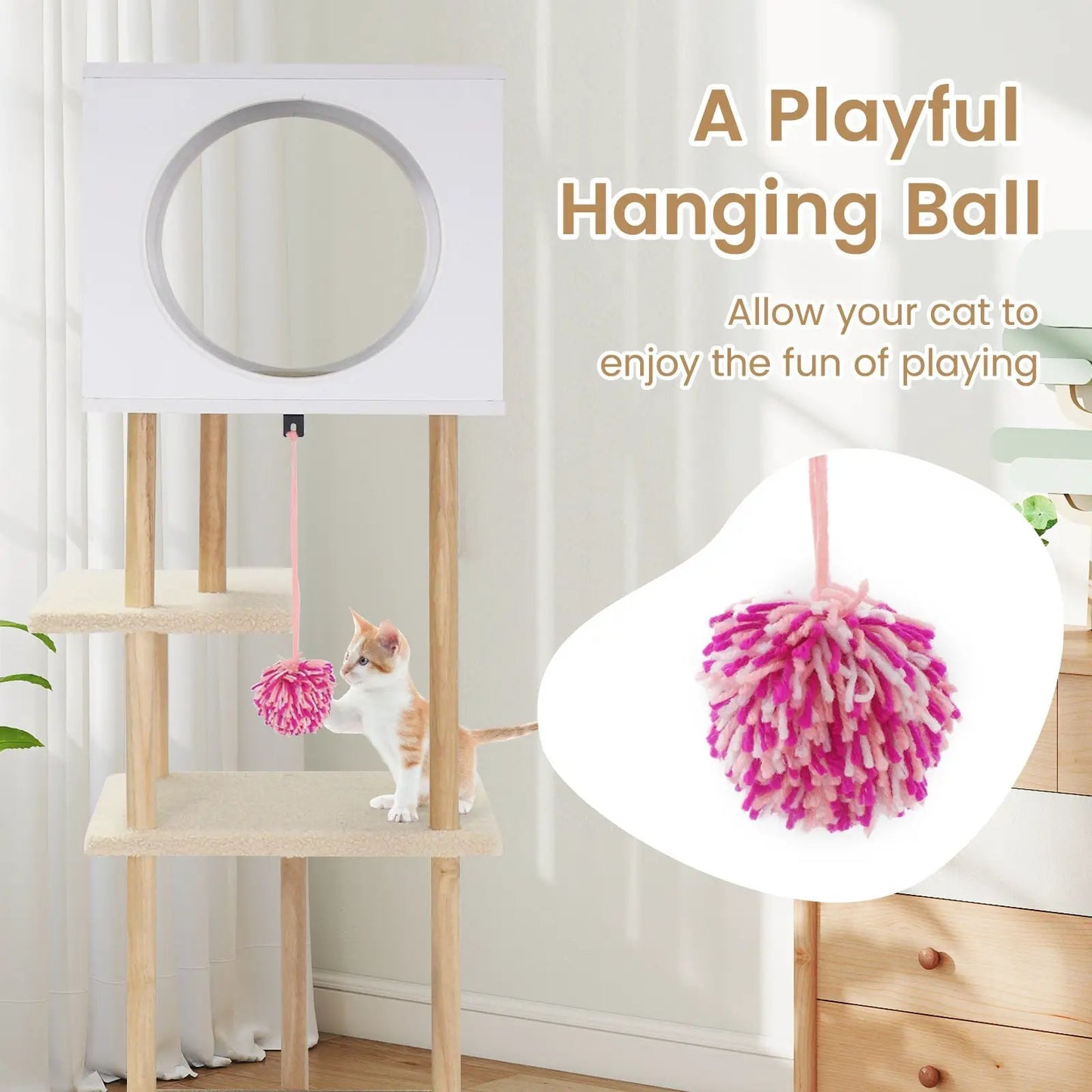 Tall Wood Cat Tower with Cardboard Scratching, wood posts and white box top with pink hanging ball toys on Tampa Home & Garden Store