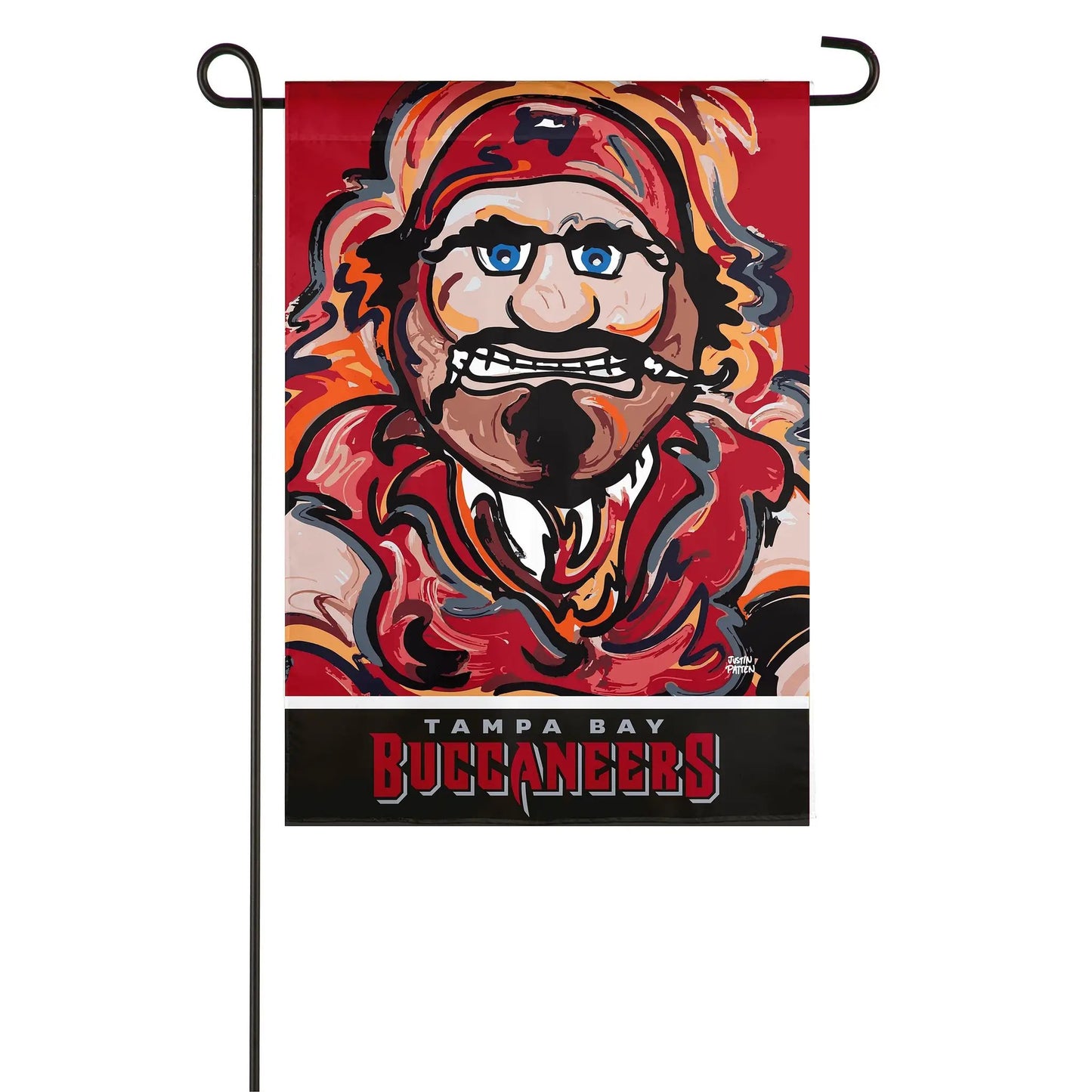 Tampa Bay Buccaneers Suede Garden Flag with bold pirate artwork in red and multicolor tones on Tampa Home & Garden Store