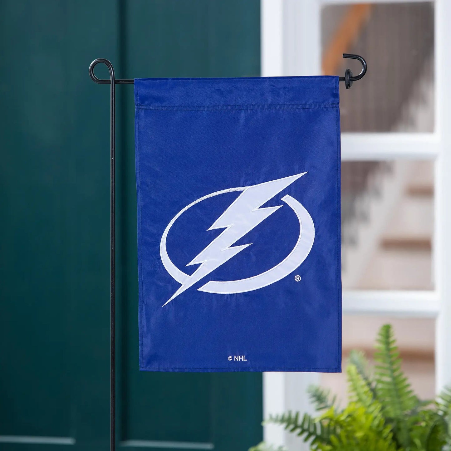 Tampa Bay Lightning applique garden flag in blue with white lightning bolt logo on Tampa Home & Garden Store