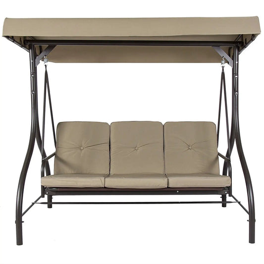 Tan 3-Seat Outdoor Porch Deck Patio Canopy Swing with Cushions - Tampa Home & Garden Store