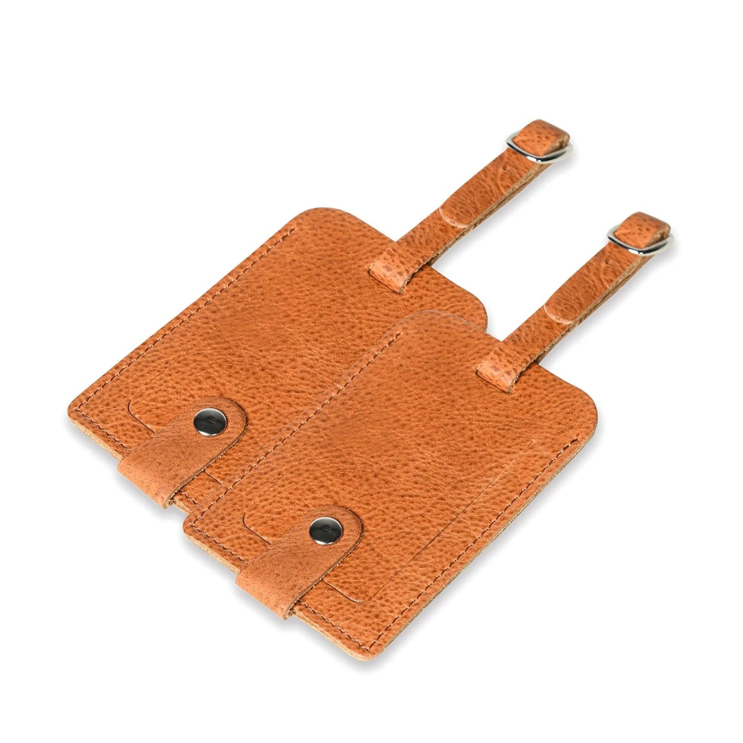 Tan buffalo leather luggage tag set with stitched edges and silver rings on Tampa Home & Garden Store