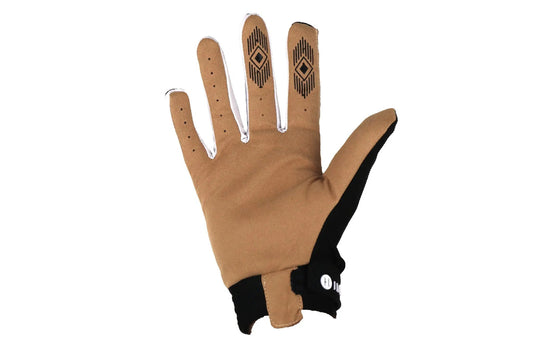 Tan and black Havoc motorcycle gloves with neoprene cuff and geometric finger pattern on Tampa Home & Garden Store