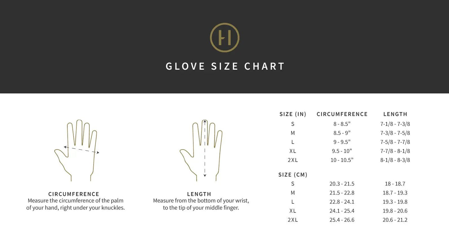 Havoc tan and black motorcycle gloves size chart with circumference and length diagrams on Tampa Home & Garden Store