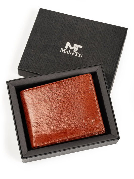 Tan leather men's slim bifold wallet in MaheTri gift box on Tampa Home & Garden Store