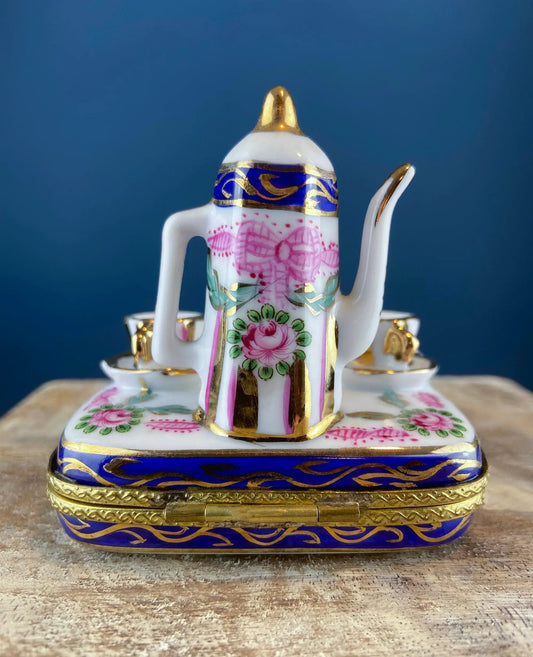 Tea Time porcelain Limoges box miniature tea set with pink roses and blue-gold trim on Tampa Home & Garden Store