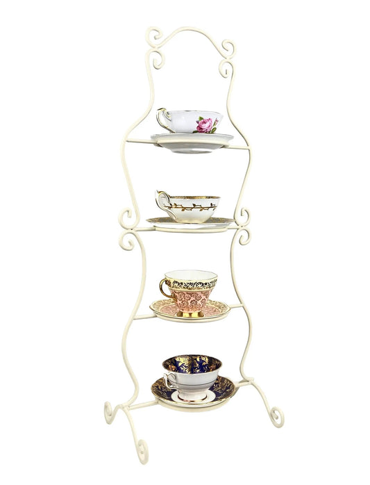 Teacup display stand 4-tier metal rack with ornate scrollwork holding floral teacups and saucers on Tampa Home & Garden Store