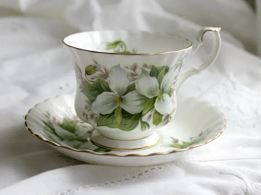 Teacup and saucer set Royal Albert Trillium in white porcelain with green floral design on Tampa Home & Garden Store