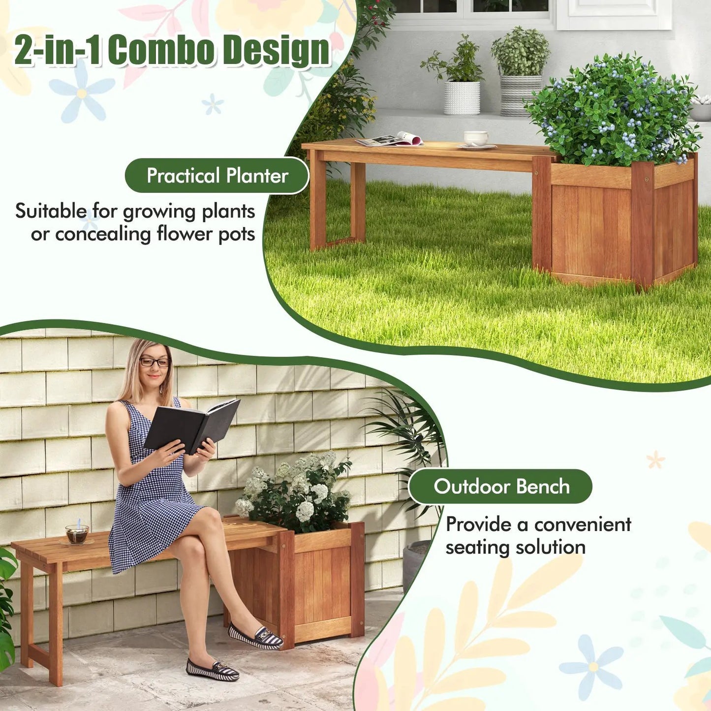 Teak oil finish raised planter box with bench in natural wood, 2-in-1 combo design on Tampa Home & Garden Store