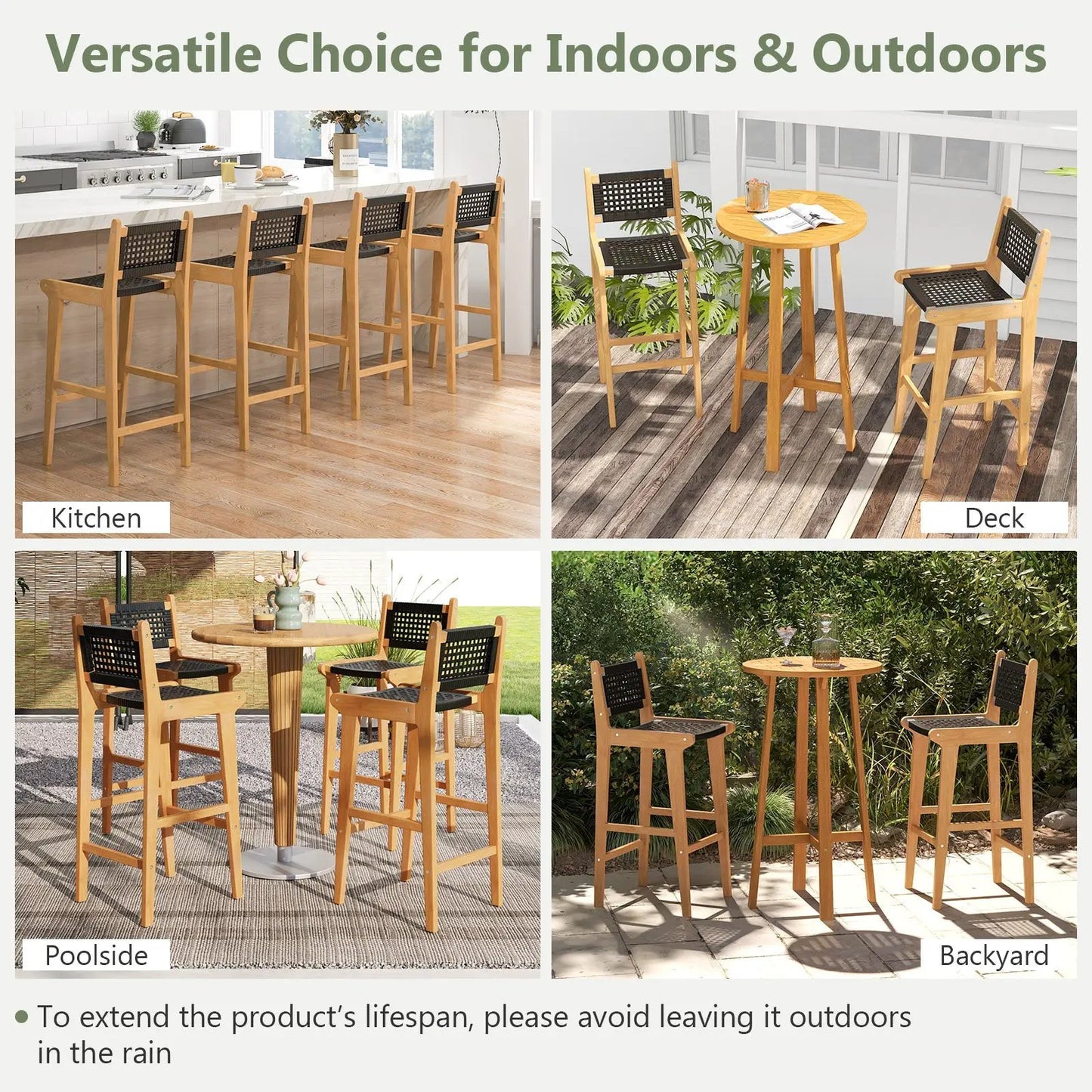 Rattan teak bar stools with backrests and footrests, black woven seats DirectDeals on Tampa Home & Garden Store