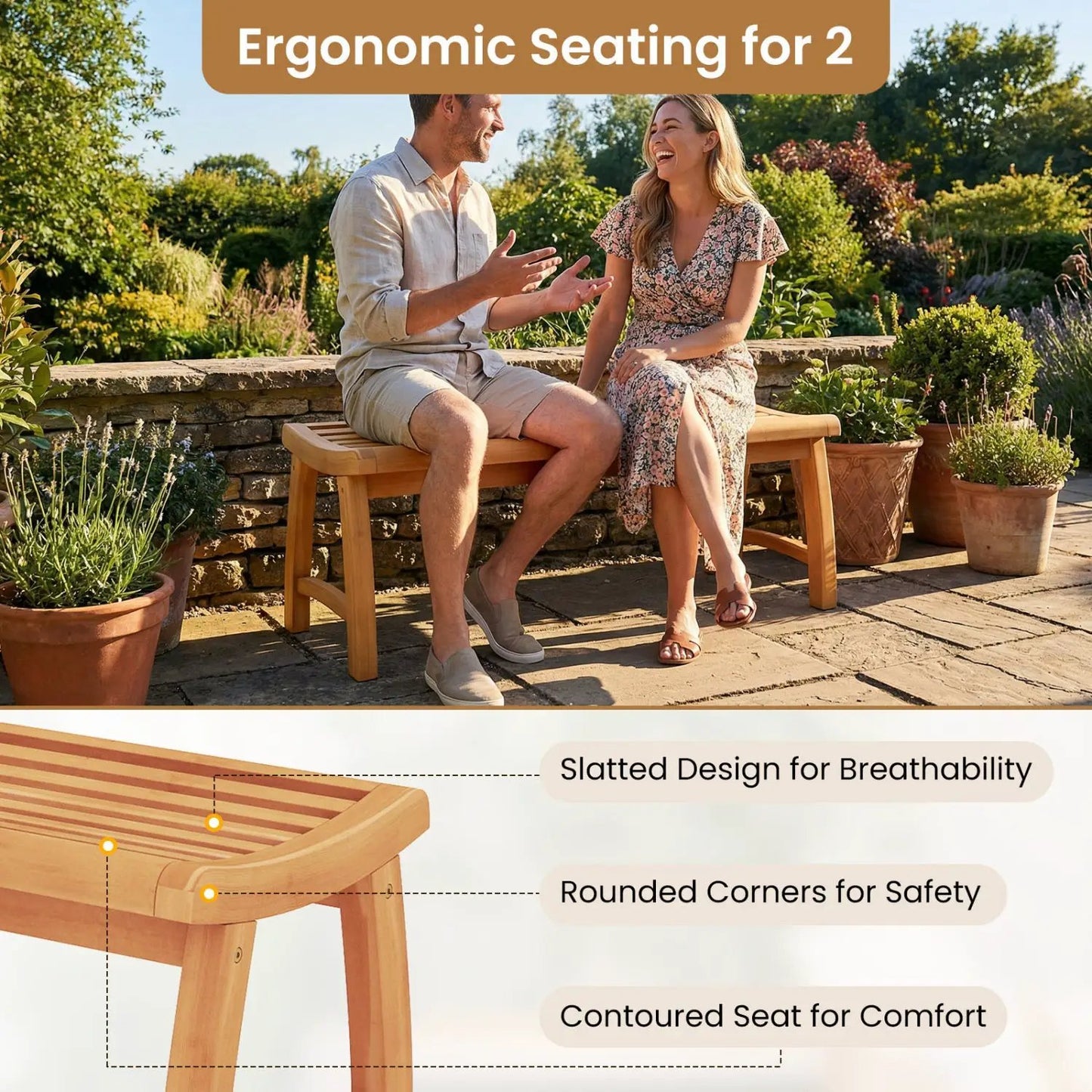 Teak Wood Backless Outdoor Bench with Contoured Slatted Seat on Tampa Home & Garden Store
