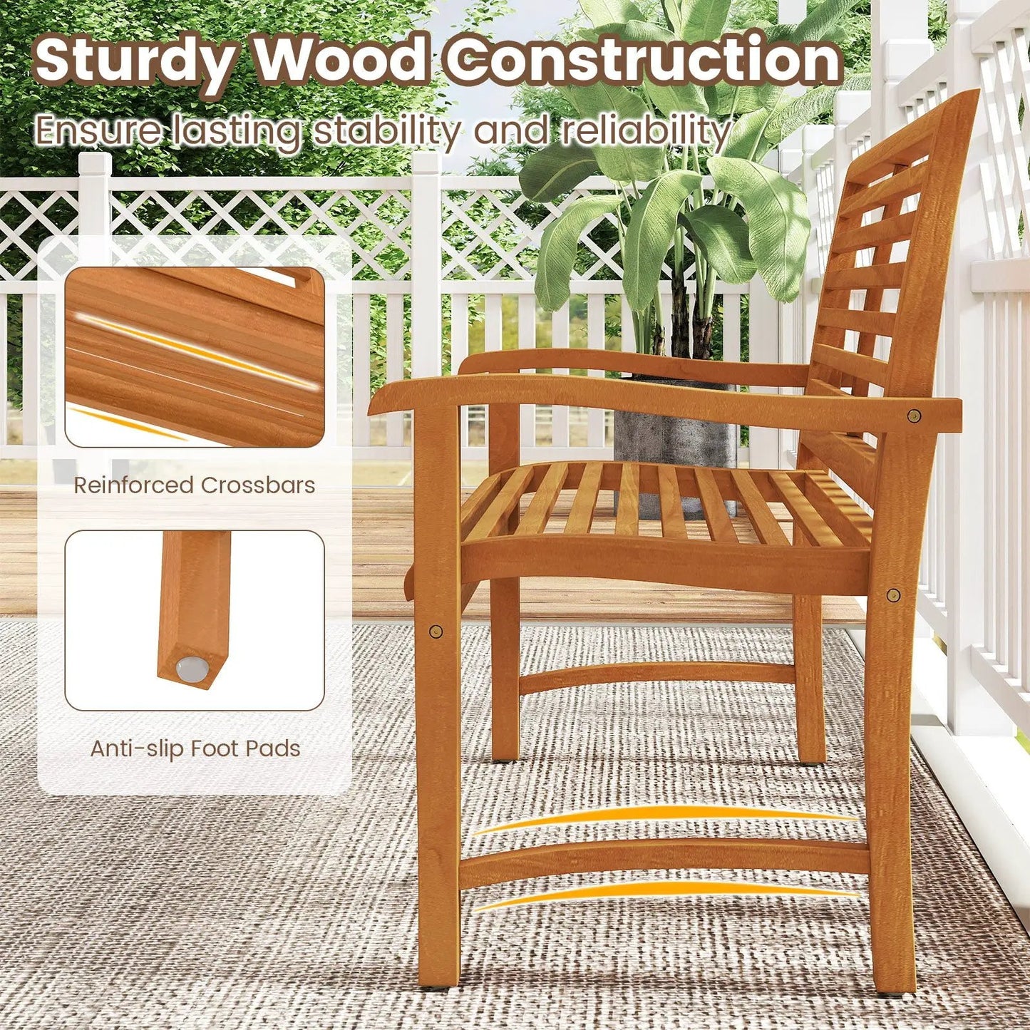 Teak Wood Outdoor Garden Bench with slatted back, natural teak finish, anti-slip foot pads on Tampa Home & Garden Store