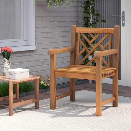 Teak Wood Patio Dining Chair with Slatted Seat and cross-rhombus backrest on solid legs on Tampa Home & Garden Store
