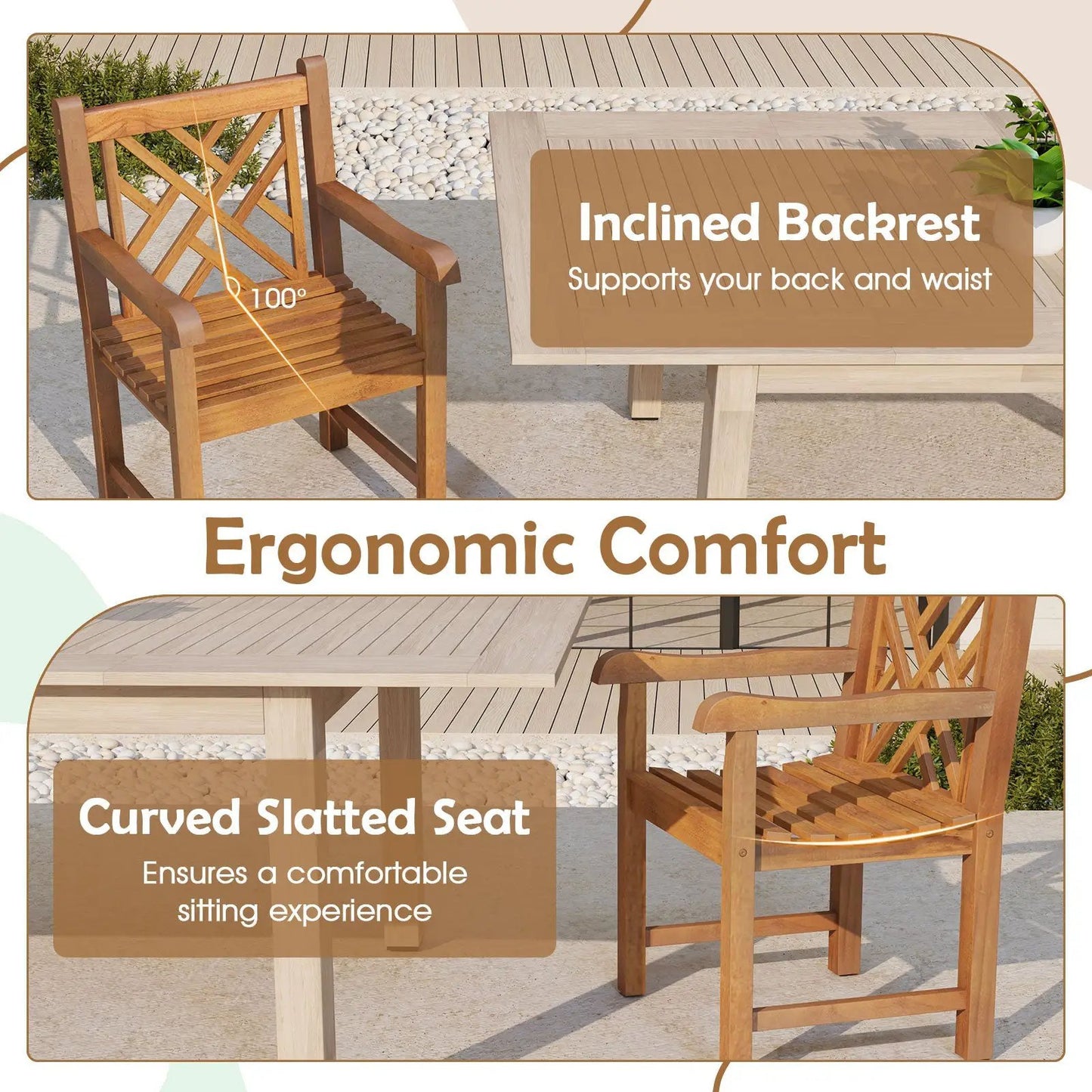 Teak wood patio dining chair with slatted seat and crisscross backrest in natural finish on Tampa Home & Garden Store