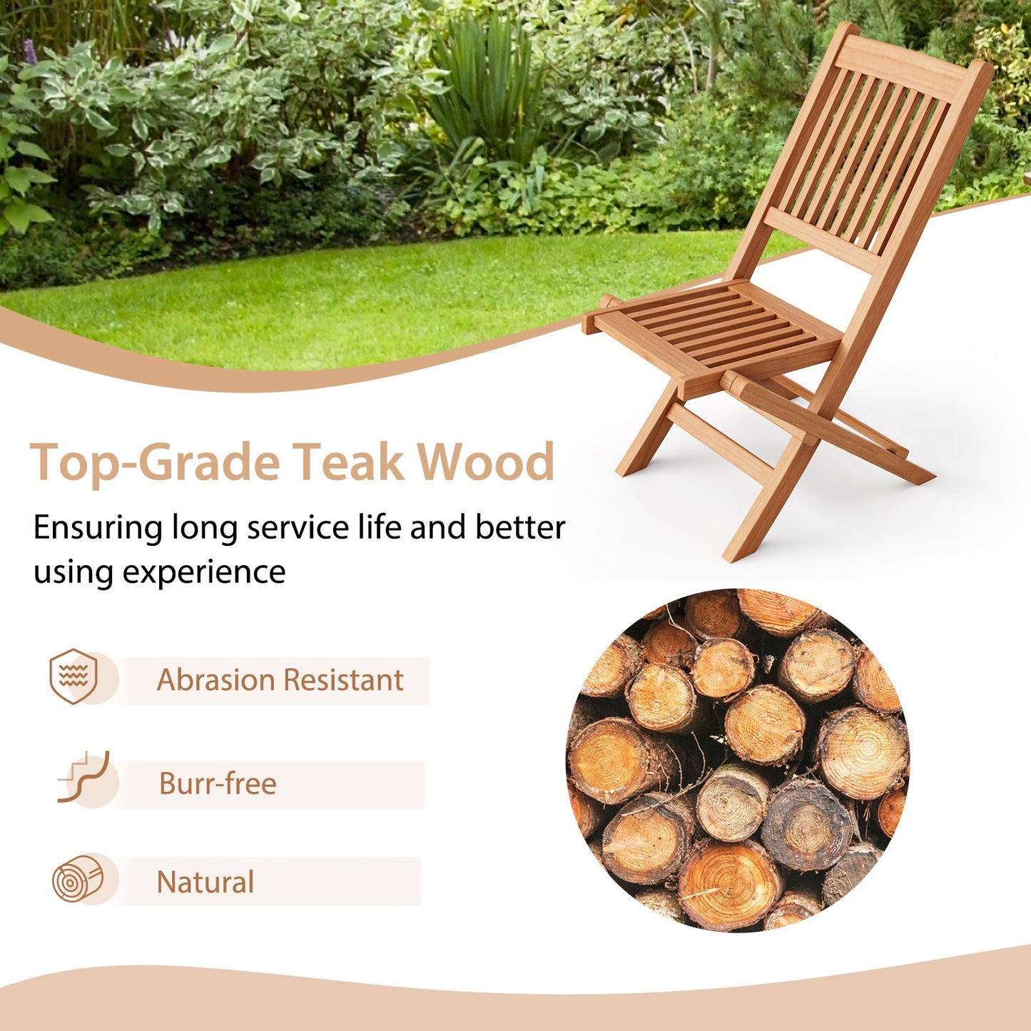 Silla plegable de comedor de patio de madera de teca de Indonesia con asiento de listones