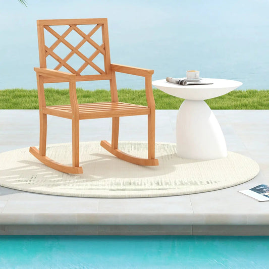 Teak Wood Rocking Chair Oversized Porch Rocker with Backrest and Slatted Seat - Tampa Home & Garden Store