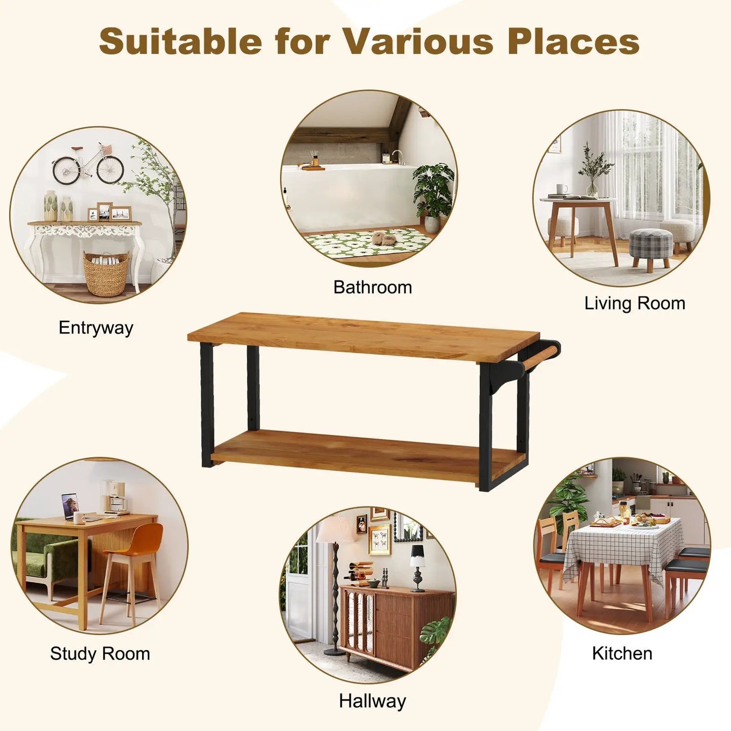 Teak wood wall mounted two-tier shelf with towel bar natural finish and black metal frame on Tampa Home & Garden Store