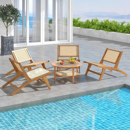 Teak wooden outdoor dining chair set with handwoven cane seats and backs, natural finish, 4 chairs on Tampa Home & Garden Store