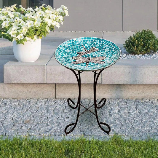 Teal Green Blue White Mosaic Glass Birdbath Bowl with Black Metal Stand - Tampa Home & Garden Store