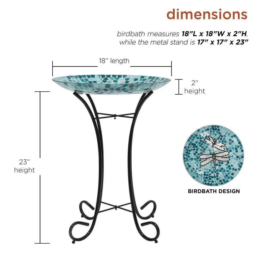 Teal mosaic glass birdbath bowl on black metal stand, 18in diameter, HomePacific on Tampa Home & Garden Store