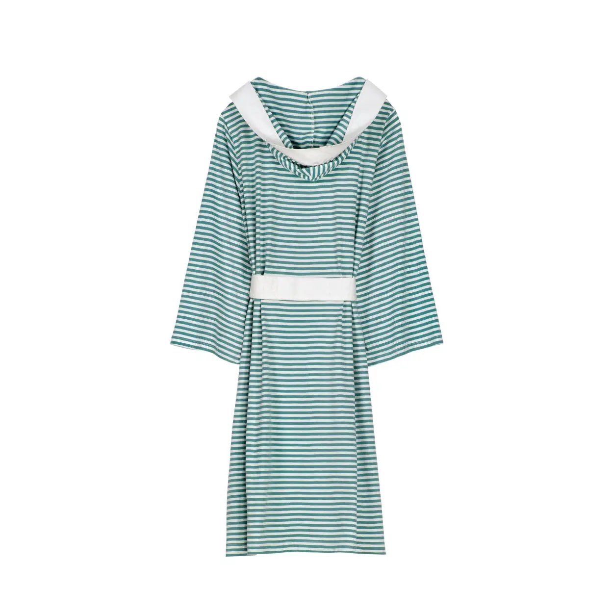 Robe Seaside Serenity Stripe Organic Hooded Short teal/white stripes, white belt Pure Fiber on Tampa Home & Garden Store