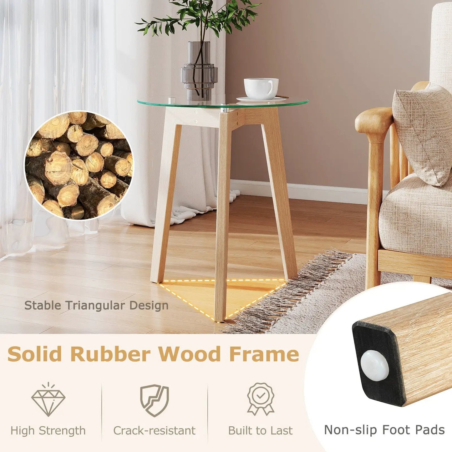 Round tempered glass end table with solid wood frame and stable triangular legs DirectDeals on Tampa Home & Garden Store