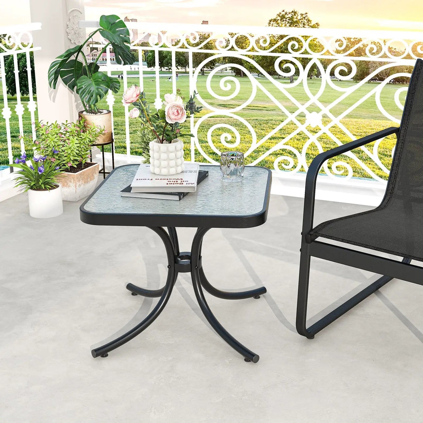 Tempered Glass Top Patio Table with Heavy-duty Metal Frame for Garden Poolside-Black - Tampa Home & Garden Store