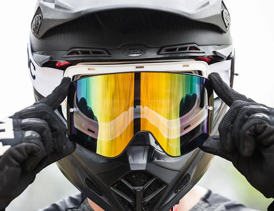 Tempest Havoc Infinity Goggles white frame with rainbow mirrored lens for motorcycle use on Tampa Home & Garden Store